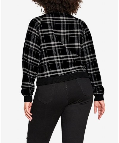 Plus Size Trendy Check Bomber Jacket Black $58.05 Jackets