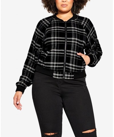 Plus Size Trendy Check Bomber Jacket Black $58.05 Jackets