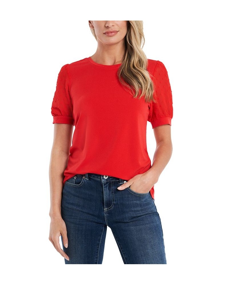 Women's Short Puff-Sleeve Mixed Media Knit Top Fireball $16.26 Tops