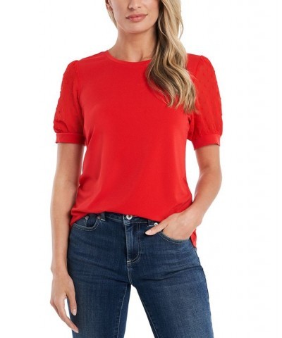 Women's Short Puff-Sleeve Mixed Media Knit Top Fireball $16.26 Tops