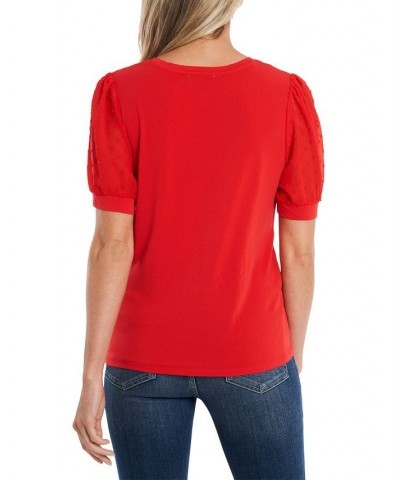 Women's Short Puff-Sleeve Mixed Media Knit Top Fireball $16.26 Tops