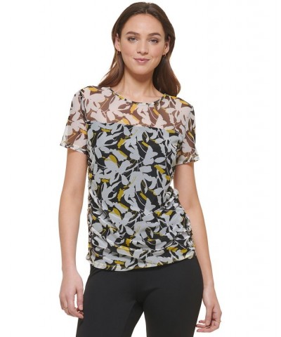 Women's Ruched Semi-Sheer Short-Sleeve Top Black/Poppy Yellow Multi $34.76 Tops