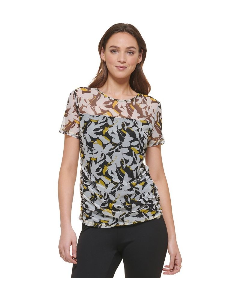 Women's Ruched Semi-Sheer Short-Sleeve Top Black/Poppy Yellow Multi $34.76 Tops