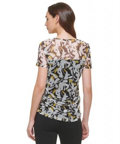 Women's Ruched Semi-Sheer Short-Sleeve Top Black/Poppy Yellow Multi $34.76 Tops