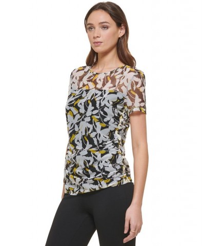 Women's Ruched Semi-Sheer Short-Sleeve Top Black/Poppy Yellow Multi $34.76 Tops