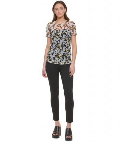 Women's Ruched Semi-Sheer Short-Sleeve Top Black/Poppy Yellow Multi $34.76 Tops