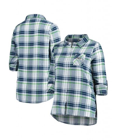 Women's Seattle Seahawks Plus Size Accolade Long Sleeve Button-Up Nightshirt Navy, Neon Green $26.65 Pajama