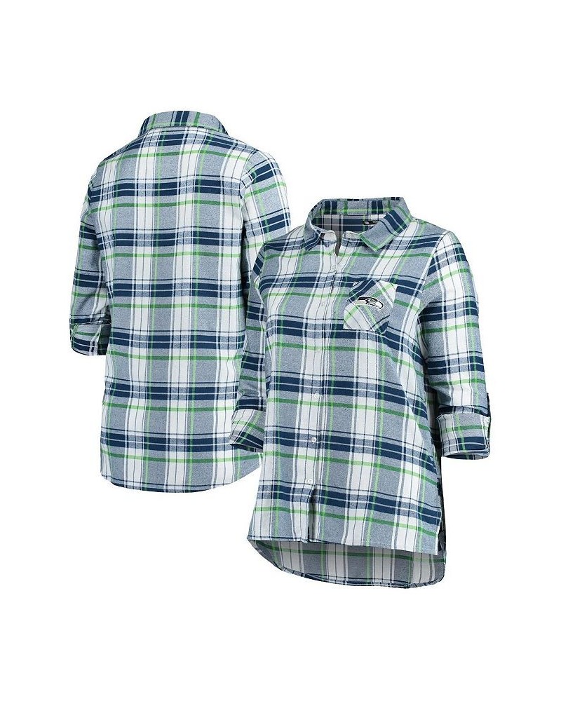 Women's Seattle Seahawks Plus Size Accolade Long Sleeve Button-Up Nightshirt Navy, Neon Green $26.65 Pajama