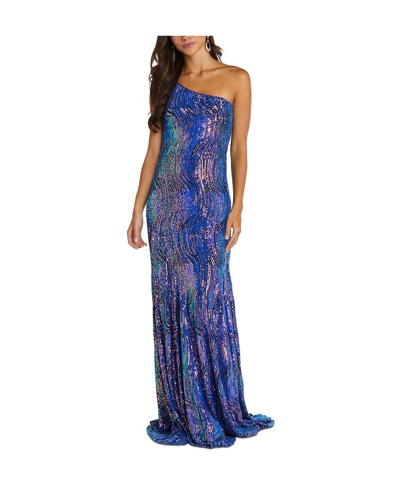 Women's One-shoulder Rainbow-Sequin Gown Black Purple Rainbow $68.04 Dresses