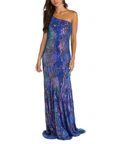 Women's One-shoulder Rainbow-Sequin Gown Black Purple Rainbow $68.04 Dresses