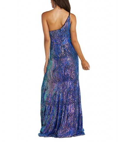 Women's One-shoulder Rainbow-Sequin Gown Black Purple Rainbow $68.04 Dresses