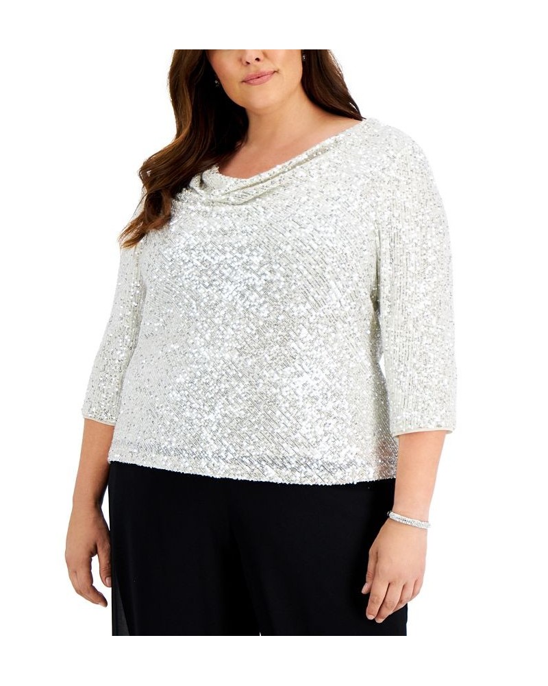 Plus Size Sequin Cowlneck Top Ivory/Silver $84.50 Tops