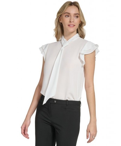 Women's Tie-Neck Flutter-Sleeve Blouse Cream $21.79 Tops