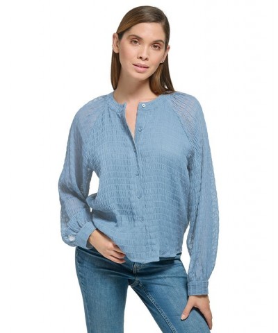 Women's Smocked Band-Collar Blouson-Sleeve Shirt Dusk $28.07 Tops