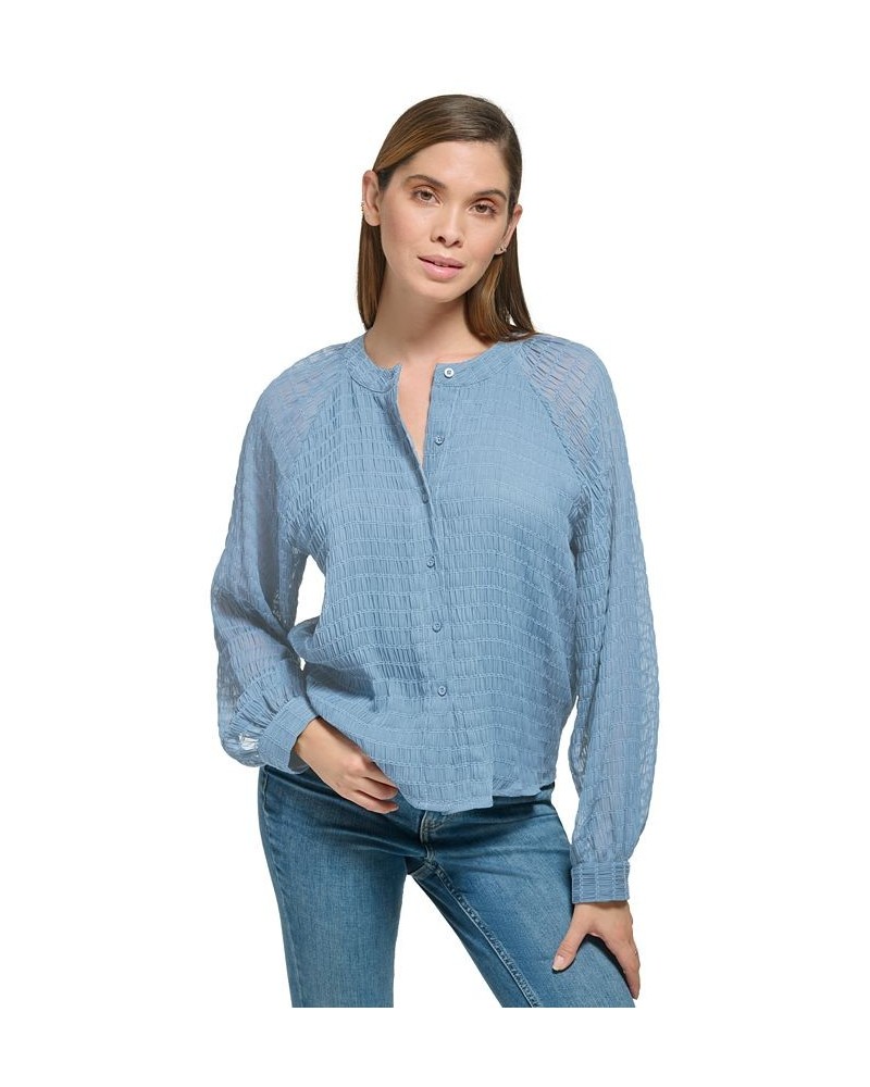 Women's Smocked Band-Collar Blouson-Sleeve Shirt Dusk $28.07 Tops