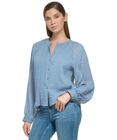 Women's Smocked Band-Collar Blouson-Sleeve Shirt Dusk $28.07 Tops