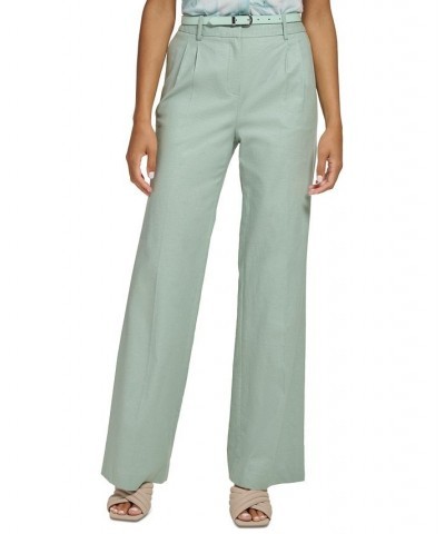 Women's Belted Linen Wide Leg Pants Jadeite $53.55 Pants