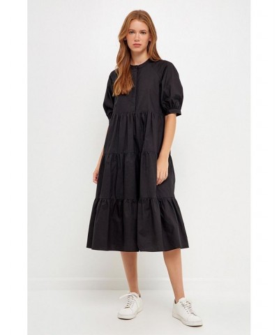 Women's Short Puff Sleeve Midi Dress Black $47.00 Dresses