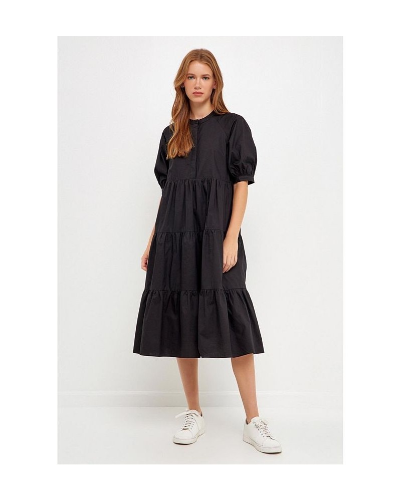 Women's Short Puff Sleeve Midi Dress Black $47.00 Dresses