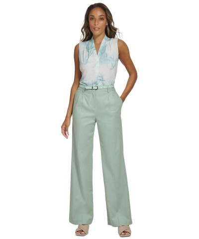 Women's Belted Linen Wide Leg Pants Jadeite $53.55 Pants