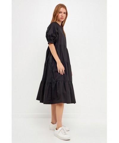 Women's Short Puff Sleeve Midi Dress Black $47.00 Dresses