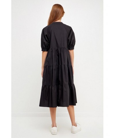 Women's Short Puff Sleeve Midi Dress Black $47.00 Dresses