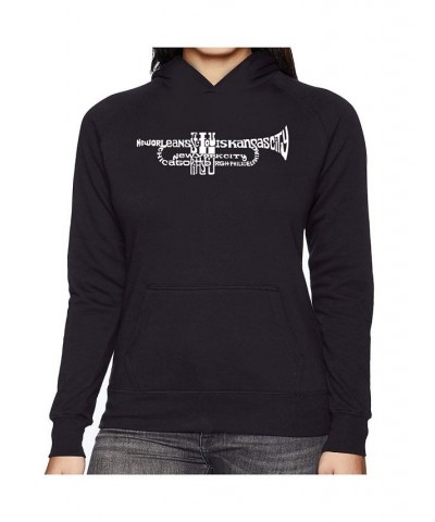 Women's Word Art Hooded Sweatshirt -Trumpet Black $35.39 Sweatshirts