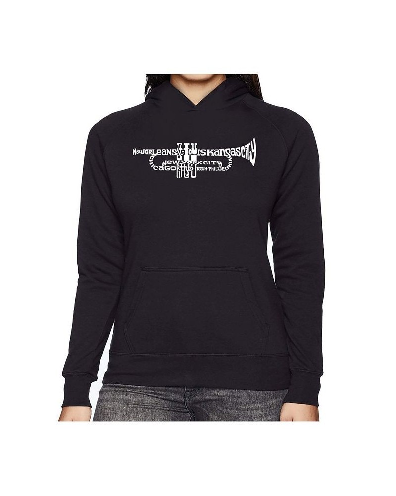 Women's Word Art Hooded Sweatshirt -Trumpet Black $35.39 Sweatshirts