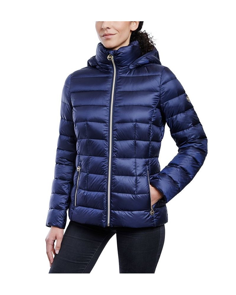 Women's Hooded Packable Down Shine Puffer Coat Midnight Blue $58.22 Coats