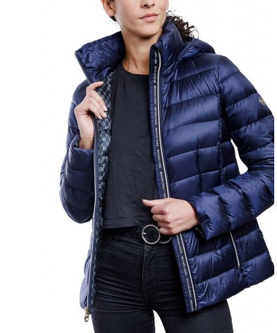 Women's Hooded Packable Down Shine Puffer Coat Midnight Blue $58.22 Coats