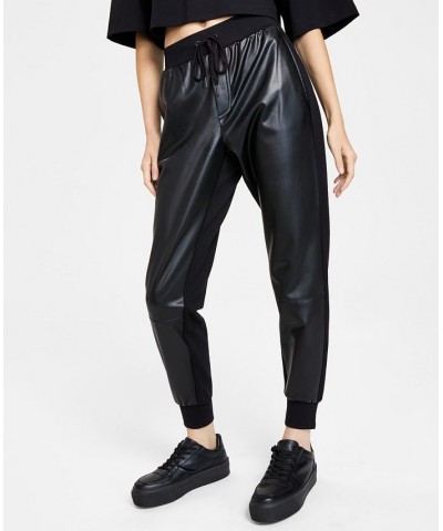 Women's Faux-Leather Jogger Pants Black $26.12 Pants