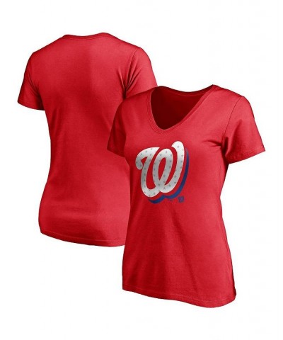 Women's Branded Red Washington Nationals Red White and Team V-Neck T-shirt Red $17.60 Tops