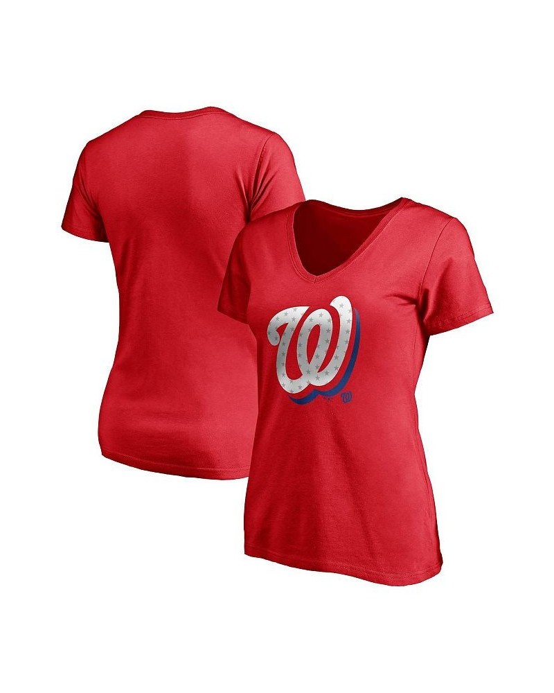 Women's Branded Red Washington Nationals Red White and Team V-Neck T-shirt Red $17.60 Tops