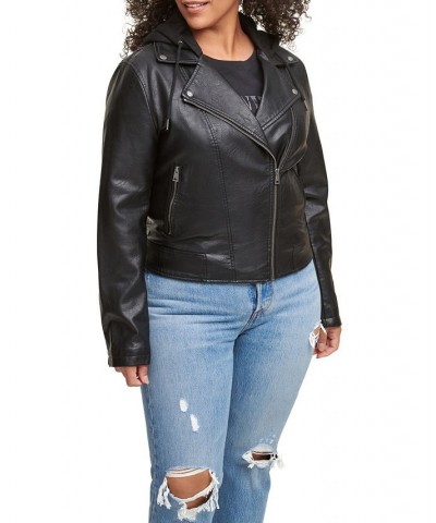 Plus Size Trendy Hooded Faux Leather Moto Jacket Black $51.75 Jackets