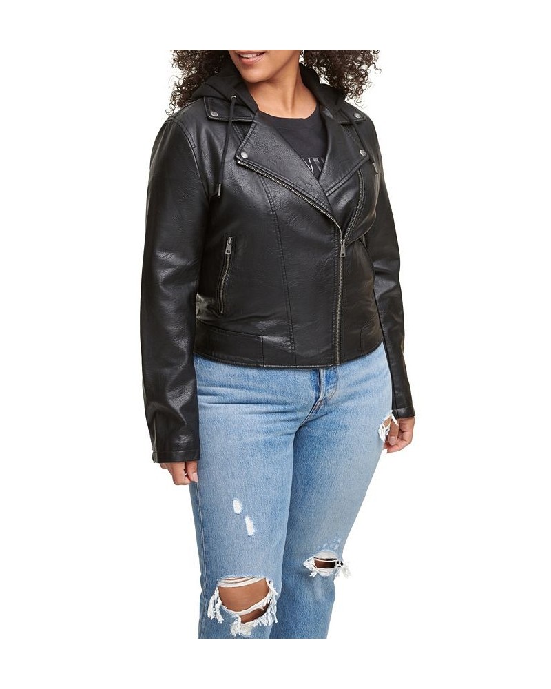 Plus Size Trendy Hooded Faux Leather Moto Jacket Black $51.75 Jackets