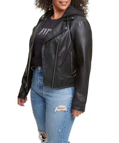 Plus Size Trendy Hooded Faux Leather Moto Jacket Black $51.75 Jackets