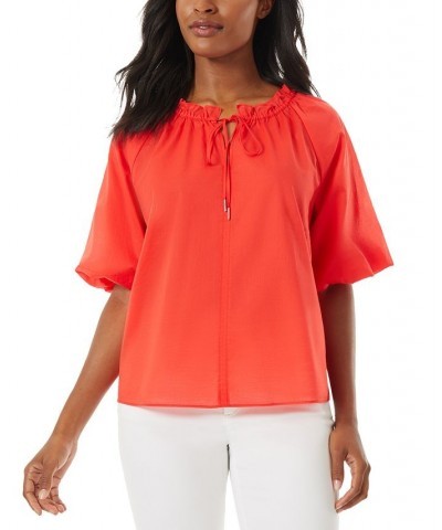 Women's Cotton Puff-Sleeve Peasant Top Scarlet Apple $28.23 Tops