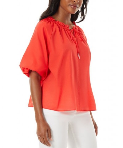 Women's Cotton Puff-Sleeve Peasant Top Scarlet Apple $28.23 Tops