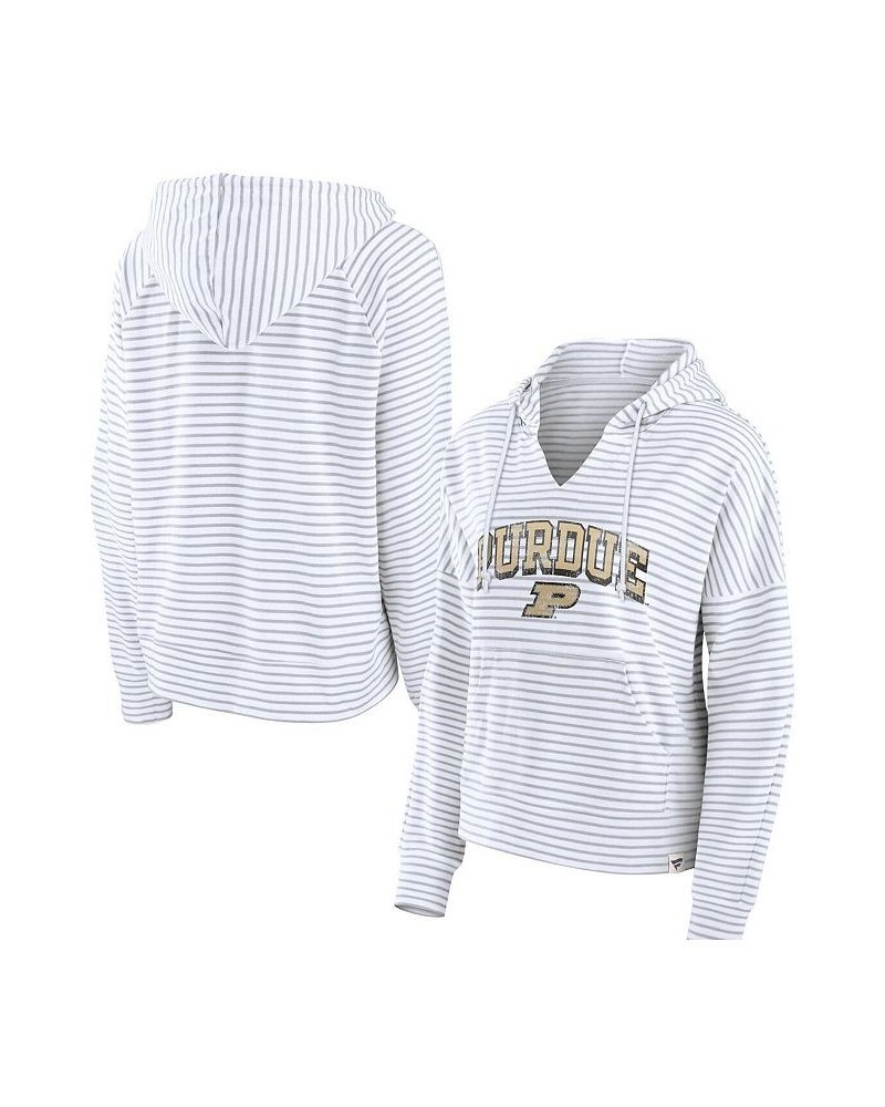 Women's Branded White Purdue Boilermakers Striped Notch Neck Pullover Hoodie White $29.25 Sweatshirts