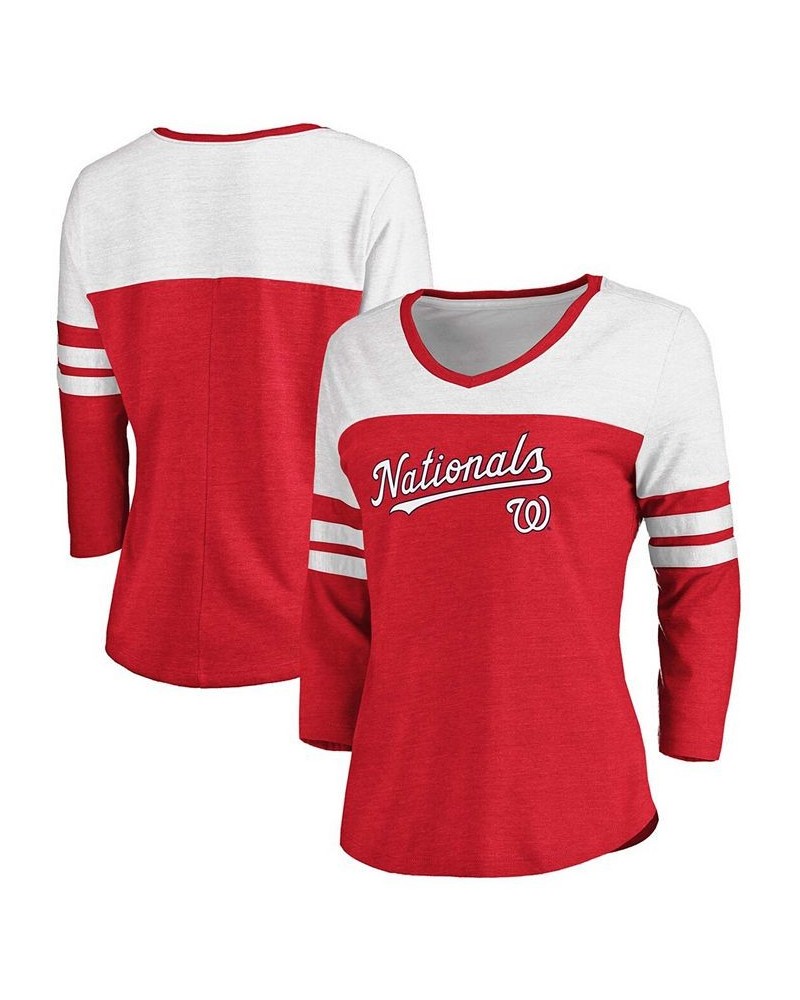 Women's Heathered Red White Washington Nationals Official Wordmark 3/4 Sleeve V-Neck Tri-Blend T-shirt Heather Red $21.50 Tops