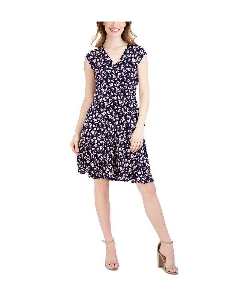 Women's Surplice V-Neck Cap-Sleeve Jersey Dress Navy Pink $23.75 Dresses