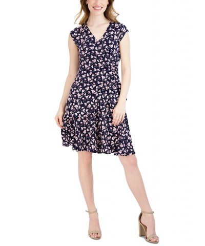 Women's Surplice V-Neck Cap-Sleeve Jersey Dress Navy Pink $23.75 Dresses