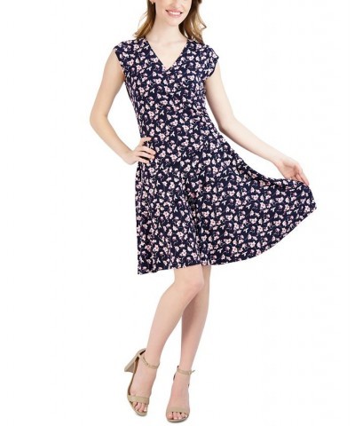 Women's Surplice V-Neck Cap-Sleeve Jersey Dress Navy Pink $23.75 Dresses