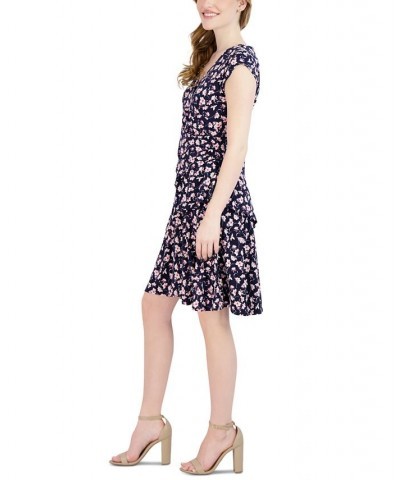 Women's Surplice V-Neck Cap-Sleeve Jersey Dress Navy Pink $23.75 Dresses