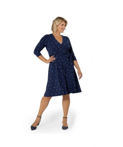 Women's Plus Size Perfect Wrap 3/4 Sleeve Dress Blue $66.60 Dresses