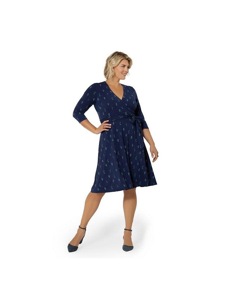 Women's Plus Size Perfect Wrap 3/4 Sleeve Dress Blue $66.60 Dresses