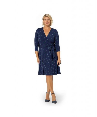 Women's Plus Size Perfect Wrap 3/4 Sleeve Dress Blue $66.60 Dresses