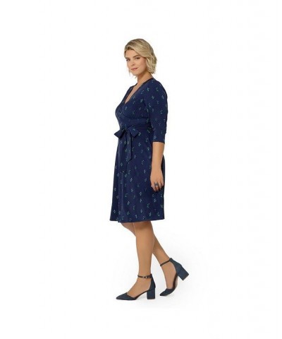 Women's Plus Size Perfect Wrap 3/4 Sleeve Dress Blue $66.60 Dresses