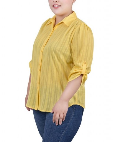 Plus Size 3/4 Roll Tab Sleeve Cotton Blouse Yellow $11.68 Tops