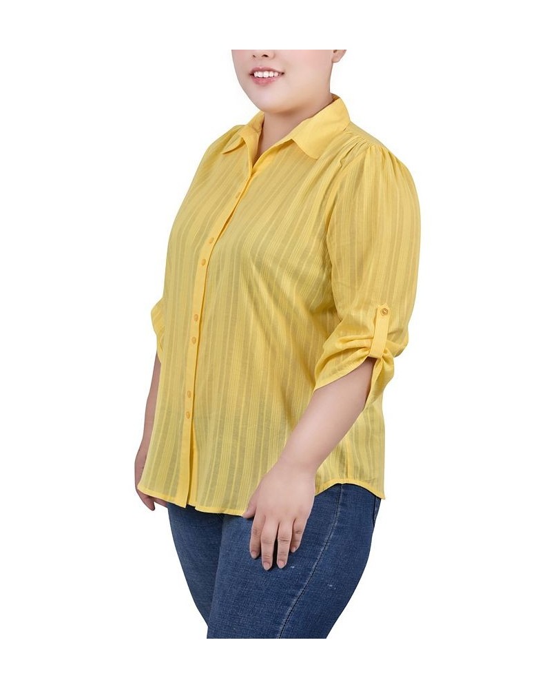 Plus Size 3/4 Roll Tab Sleeve Cotton Blouse Yellow $11.68 Tops